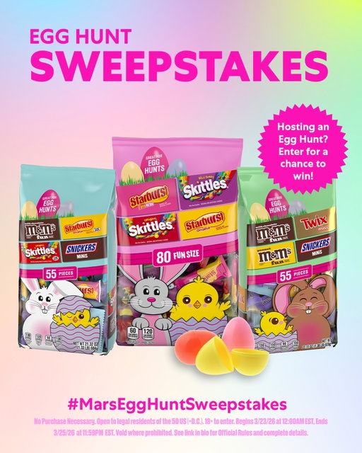 Enter now for your chance to win and hop into Easter fun! We're giving away the supplies you need to host the sweetest Easter Egg Hunt. We will supply you with 3 variety bags candy and 200 plastic eggs to fill! 

All you need to do is comment
#MarsEggHuntSweepstakes and tag a friend for a chance to win.

No Purchase Necessary. Open to legal residents of the 50 US (+D.G.). 18+ to enter. Begins 3/23/26 at 12:00AM EST, Ends 3/25/26 at 11:59PM EST. Void where prohibited. See link in bio for Official Rules and complete details.
