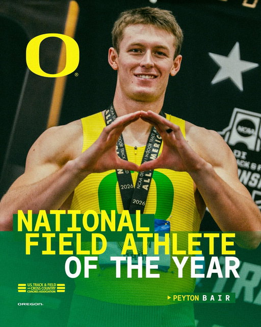 Accolades for the champ💪

Peyton Bair is the 2026 @ustfccca Indoor National Field Athlete of the Year.

✅ NCAA champion - heptathlon
✅ No. 6 performer in world history - 6,503 pts
✅ PBs in all seven hept events this season

#GoDucks