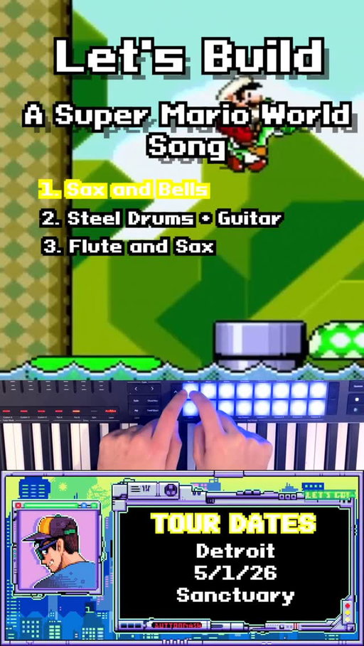 Let’s Build a Super Mario World Song!!!! Rather than stacking layers in this one i tried to write this one with different sections that demonstrate commonly heard instrument combinations in Super Mario World. The steel drum and ukulele/guitar is my personal favorite. I took that combo straight from the overworld theme. What do you guys want to hear next? IM GOING ON TOUR TIX ON SALE NOW LINK IN BIO!!! #supermarioworld #retrogamer #music
