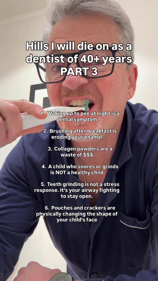 👋 If your dentist doesn’t talk to you about this stuff, comment “NEWSLETTER” below and I’ll send you all the same advice only my patients used to get, free to your email inbox.

By the way…let’s talk about that last one. The jaw develops in direct response to mechanical load. Chewing dense, fibrous foods is how the bone gets the signal to grow wide. A wide jaw means a wide airway. When kids eat a diet of soft, processed food from infancy, the jaw never gets that signal. The airway stays narrow. Then we call it “behavioral issues” and “delayed bedwetting.” Comment AIRWAY if you want to understand what that actually means for your child. -Dr. B