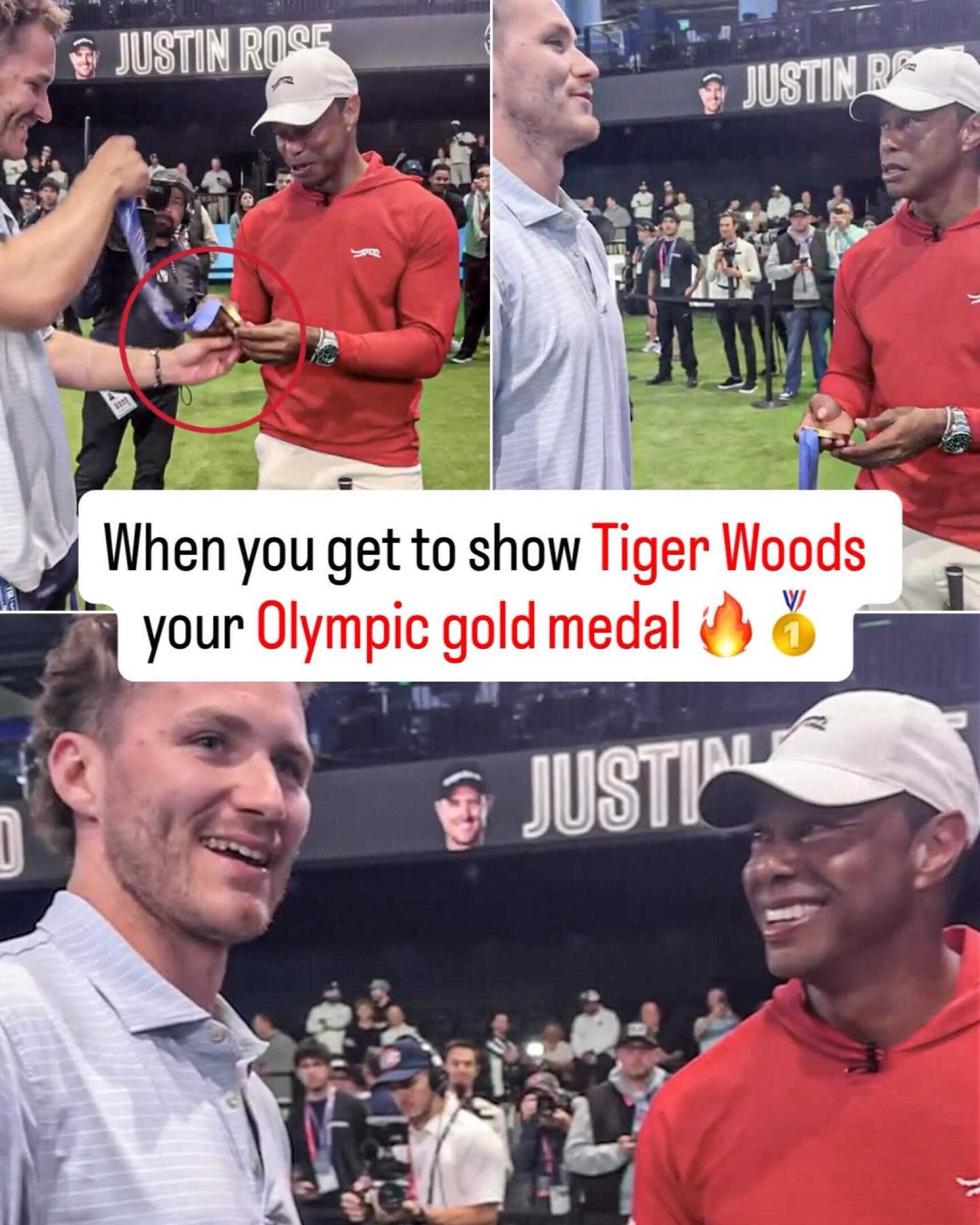 Matthew Tkachuk got to meet Tiger Woods and show him his USA Hockey Olympic gold medal while at the TGL Finals 🙌

Look how excited Tiger was 🤩