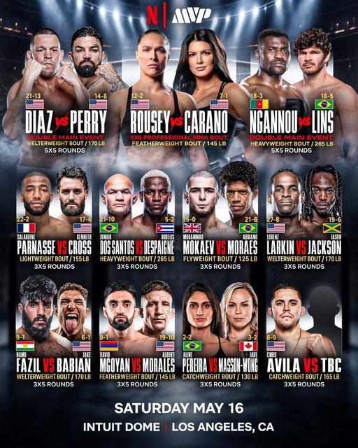 The full MVP MMA fight card for Saturday May 16th is set! Live globally on Netflix from Intuit Dome in Los Angeles, CA🌎

🇺🇸 Rousey vs 🇺🇸 Carano
🇺🇸 Diaz vs 🇺🇸 Perry
🇨🇲 Ngannou vs 🇧🇷 Lins
🇫🇷 Parnasse vs 🇺🇸 Cross
🇧🇷 Dos Santos vs 🇨🇺 Despaigne
🇬🇧 Mokaev vs 🇧🇷 Moraes
🇺🇸 Larkin vs 🇯🇲 Jackson
🥊Fazil vs 🇺🇸 Babian
🇦🇲 McGoyan vs 🇺🇸 Morales
🇧🇷 Pereira vs 🇨🇦 Masson-Wong
🇺🇸 Avila vs TBC

Buy your tickets NOW | Link in Bio 🎟️

——— 
Saturday, May 16th
LIVE only on Netflix
Intuit Dome - Los Angeles, CA
#RouseyCarano #NgannouLins #DiazPerry