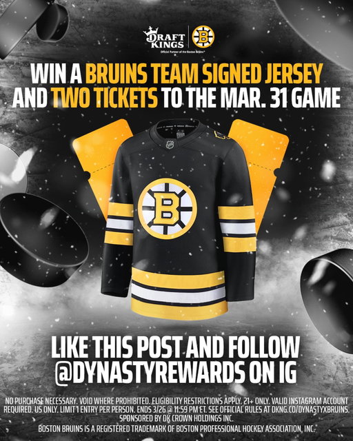Your shot to win 2 tickets to the Bruins March 31st game + a team signed jersey starts NOW! 🏒 Follow @dynastyrewards and like this post to enter!

Rules: dkng.co/dynastyxbruins
