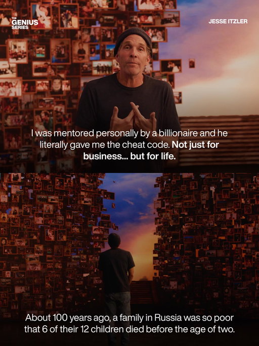 The billionaire who gave Jesse Itzler the cheat code for life. Swipe to read the whole story.

Comment [JESSE] and we'll DM you the link to watch the full talk on YouTube.

A Genius Talk ft. @jesseitzler | @thegeniusseries