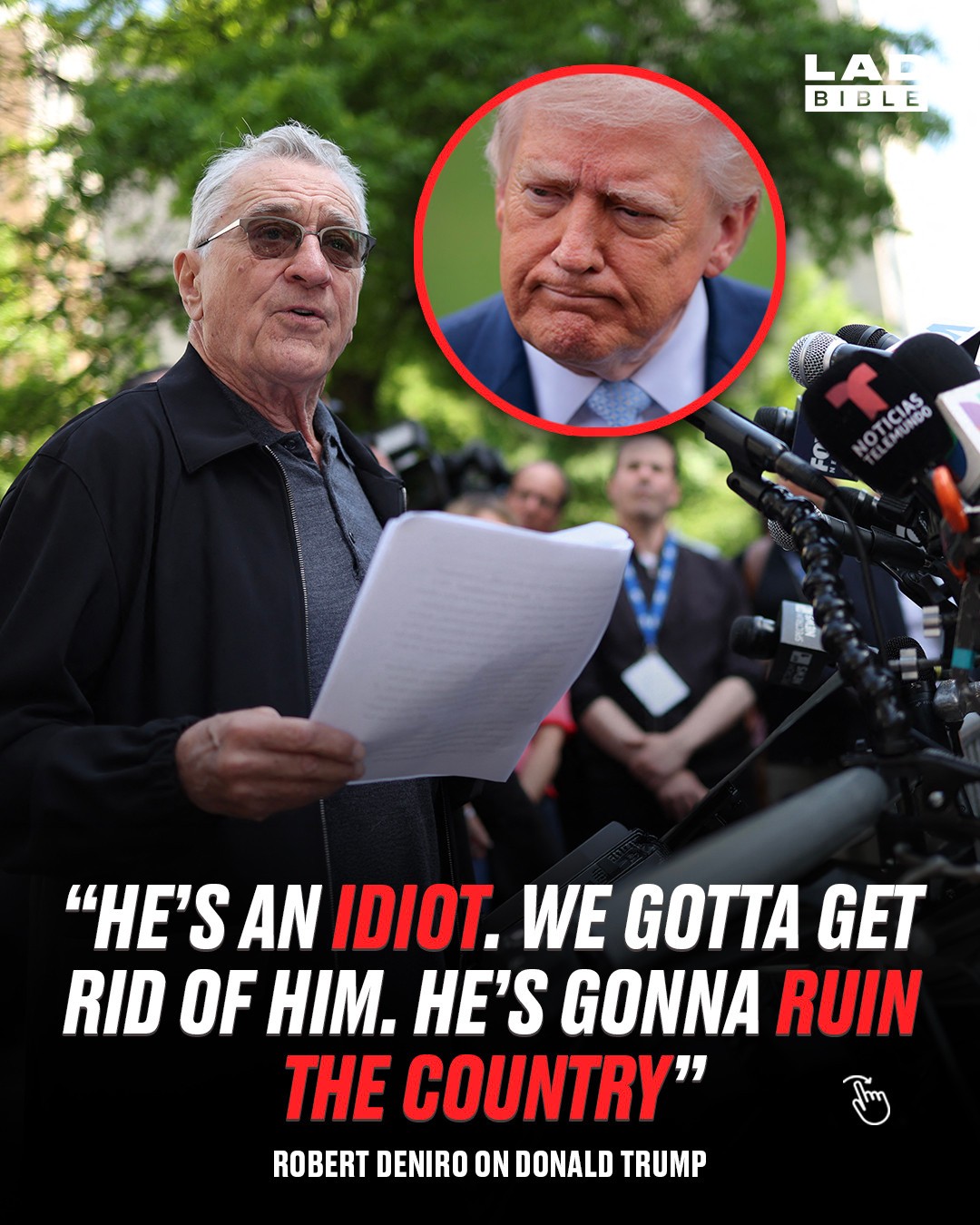 The star did not hold back⁠
⁠
Robert De Niro has hit out again at Donald Trump, calling him an “idiot” and warning he could “ruin the country” in a series of outspoken remarks.⁠
⁠
The actor, who has been a long-time critic of the former US president, also said he finds the direction of government “scares the hell out of me”, having previously spoken at public events and rallies about his concerns.⁠
⁠
Trump has since responded by renewing his own criticism of De Niro, continuing a long-running back-and-forth between the pair.⁠
⁠
#trending #trump #politics #ladbible