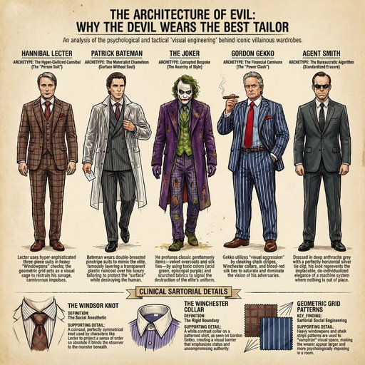 Le costume n'a jamais été qu'un vêtement. Pour les plus grands méchants du cinéma, c'est une arme à part entière.
Hannibal Lecter utilise le trois-pièces windowpane comme une cage visuelle pour contenir le prédateur derrière une façade d'hyper-civilité. Patrick Bateman empile les codes sartoriaux de Wall Street (croisé à rayures, col Winchester, Oliver Peoples) non pas pour exprimer une personnalité — mais pour prouver qu'il en a une. Gordon Gekko transforme le power clash en outil d'intimidation : rayures craie massives, cravate rouge sang, épaules surdimensionnées. Le Joker de Nolan subvertit méthodiquement le tailoring britannique avec des pièces nobles volontairement corrompues. Et Agent Smith incarne le degré zéro de l'expression vestimentaire — l'uniforme comme négation de l'individu.

La règle d'or : le vêtement raconte toujours quelque chose, que vous le vouliez ou non. Autant maîtriser le message.
💬 Commentez TAILORING pour recevoir trois emails illustrés avec de précieux conseils pour comprendre et décrypter l'art du tailoring.

A suit was never just clothing. For cinema's greatest villains, it's a weapon in its own right.
Hannibal Lecter uses the three-piece windowpane as a visual cage to contain the predator behind a mask of hyper-civility. Patrick Bateman stacks every Wall Street sartorial code (double-breasted pinstripe, contrast collar, Oliver Peoples) not to express personality — but to prove he has one. Gordon Gekko turns the power clash into a tool of intimidation: massive chalk stripes, blood-red tie, oversized shoulders. Nolan's Joker methodically subverts British tailoring with noble fabrics deliberately corrupted. And Agent Smith embodies the zero degree of sartorial expression — the uniform as programmed erasure of individuality.

The golden rule: clothing always tells a story, whether you intend it or not. You might as well control the narrative.
💬 Comment TAILORING for three illustrated emails with essential tips to understand and decode the art of tailoring.

#villain #cinema #windowpane #doublebreasted #patternmixing #tailoringcodes