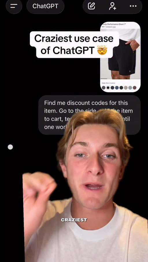 Wildest ChatGPT use case I’ve ever seen 👇

Just take a screenshot of anything you want to buy online. 

Upload into ChatGPT with the prompt:

“Find discount codes for this item. Go to the item, add it to the cart, then test different codes until one works.”

I got 20% off this pair of shorts. 

Comment “Prompt” and I’ll send you my full resource hub with all my best prompts. 

#chatgpt #ai #chatgptusecase #chatgptprompts #chatgpttips