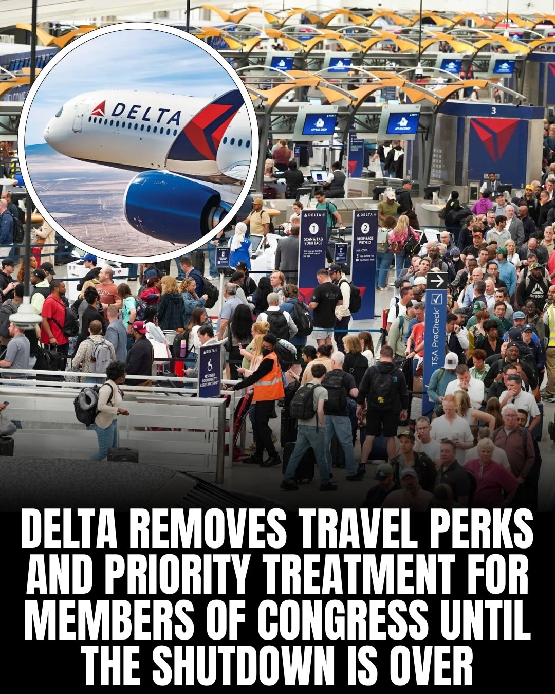 Delta Airlines has suspended special travel perks for members of Congress until the partial government shutdown ends. That means no more priority rebooking, upgrades, airport escorts, or access to Delta’s “Red Coat” concierge—lawmakers will now fly like everyone else, with perks only tied to their personal SkyMiles status.

The move comes as the DHS shutdown enters its second month, leaving thousands of TSA agents working without pay and airports across the country dealing with staffing shortages, reduced service, and long security lines.

Delta CEO Ed Bastian called the situation unacceptable, criticizing the use of essential workers as political leverage. By removing these exclusive benefits, Delta is putting direct pressure on lawmakers while emphasizing its focus on employees and everyday travelers during the disruption.

What do we think of this decision? 👀🛩️

#news #breakingnews #travel #airline #delta