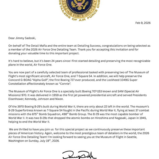 I'm still in shock every year. 
I’ve been selected again for the 2026 Air Force One Detailing Team at the Museum of Flight—making this my 6th year on this incredible project.
Every year is a reminder of how far hard work, consistency, and passion can take you.
Being trusted to help preserve Air Force One is something I’ll never take lightly.
Truly honored.