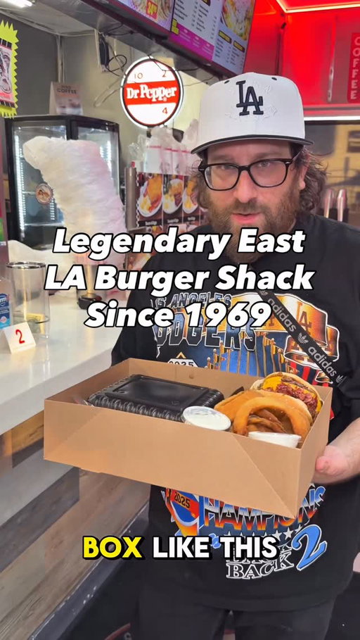 @alexburgers_ is definitely in the lexicon of classic LA burger drive-ins open in East LA since 1969 and don’t know what it is about these cardboard carrying boxes but the food is always better in them! 📦 Get yourself a chili cheese pastrami burger and an order of delicious housemade onion rings and call it a meal. If you fancy yourself a classic burger pull up to their drive through and check out Alex’s! Like, comment or share this with a burger lover in or around East LA! ✌️😎🍔🍟 #eastla #eastlosangeles #losangeles #food #foodie

📱 @alexburgers_ 
📍 4767 E. Olympic Blvd

Order:
- Chili Cheese Pastrami Burger
- “DUI” Fries
- Orange Bang