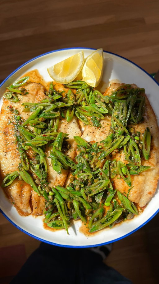 wednesday night dinner 

flounder piccata with snap peas 🫛 recipe on our substack