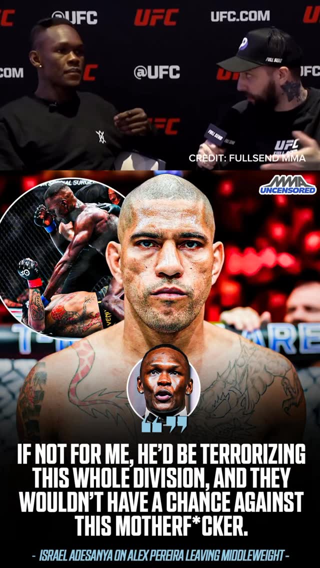 Israel Adesanya says without him stepping in, Alex Pereira would be destroying everyone at 185lbs: 

“All the fights Alex had before he fought me were easy wins ‘cause he’s just a monster. I said the middleweights should thank me, they don’t have to, ‘cause I was talking shit but yeah.. 

If not for me, he’d be terrorizing this whole division, and they wouldn’t have a chance against this motherf*cker.” 

🎥 @fullsend_mma / @stylebender