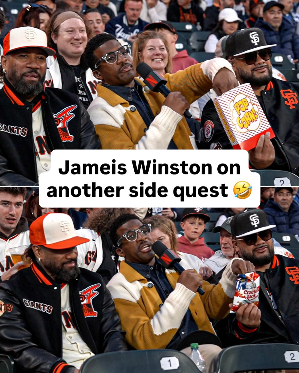 Jameis Winston on yet another side quest eating Cracker Jack with WWE Superstars Jey Uso & Jacob Fatu 😭 #OpeningNight #MLBonNetflix