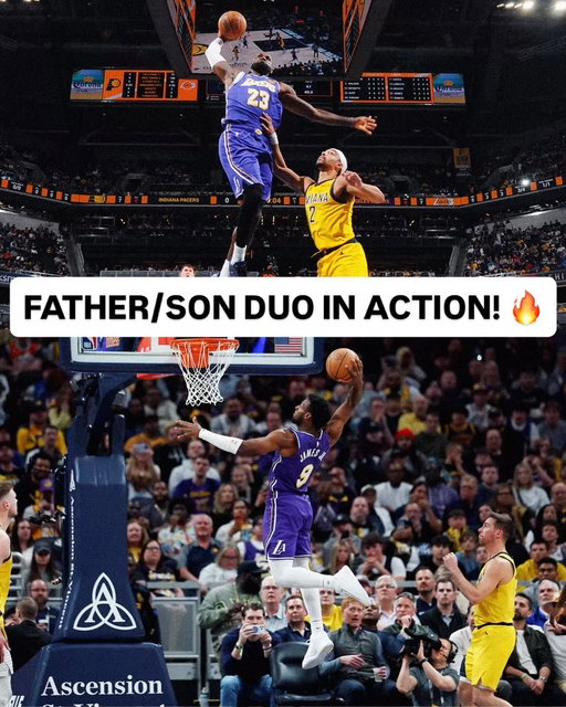 @kingjames and @bronny checked into the game together then delivered some huge slams in the @lakers road victory! 🙌
