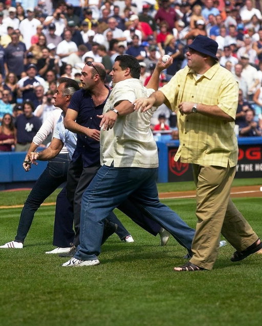 The Sopranos cast throwing the ceremonial first pitch at Yankee Stadium, 2002. #mlbopeningday ⚾️