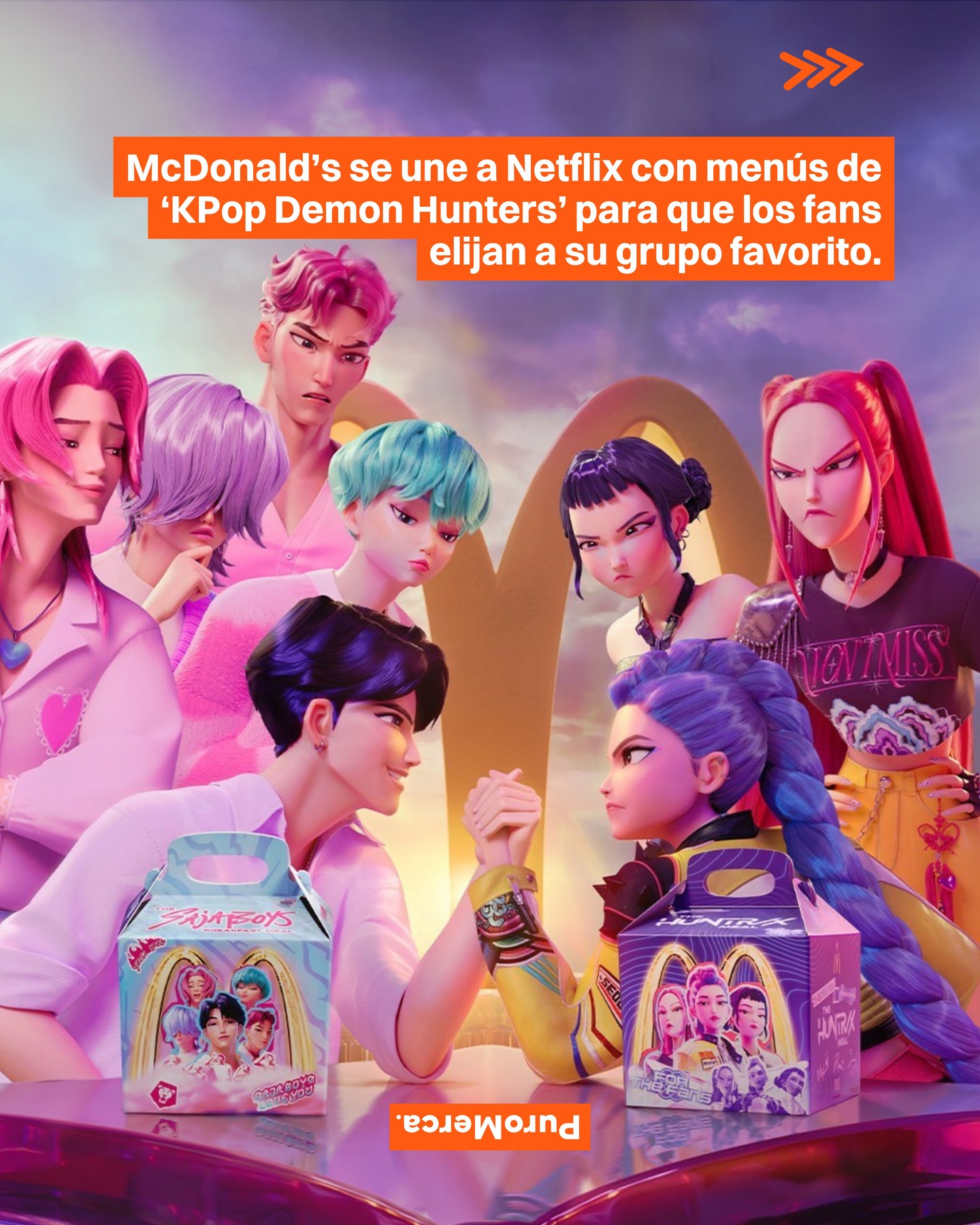 ¿Qué Cajita Feliz elegirías? ¿La de HUNTR/X o de los Saja Boys? 🎙️🥤

McDonald’s y Netflix se unieron para llevar el universo de ‘KPop Demon Hunters’ fuera de la pantalla, con una colaboración que convierte su menú en parte de la historia y conecta con sus fans. 🍔🎬

La dinámica parte de la rivalidad entre HUNTR/X y los Saja Boys, invitando al público a elegir su lado a través de dos menús distintos. Cada opción retoma elementos de los personajes y suma guiños a la cultura de Corea del Sur. 🎤🍟

El menú de los Saja Boys está pensado como una opción de desayuno con un enfoque picante, mientras que el de HUNTR/X incluye nuggets, papas con sazón especial y salsas diseñadas para reflejar la personalidad del grupo. 🌶️🍗

Como parte de la experiencia, cada pedido incluye tarjetas coleccionables con códigos que se pueden escanear para desbloquear contenido exclusivo en la app, extendiendo la interacción hacia el entorno digital. 📱🎟️

El lanzamiento inicia el 31 de marzo en mercados seleccionados y por tiempo limitado. ¿Qué te parece esta collab de McDonald’s con Netflix? 🍦⭐️

📸: McDonald’s

#PuroMerca 🧡