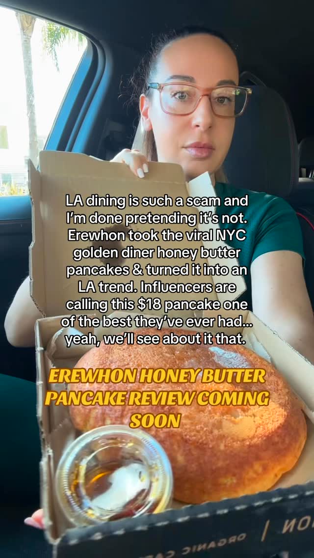 Erewhon took Golden Diner’s viral NYC honey butter pancakes and made it an LA trend. Influencers swear this $18 pancake is one of the best they’ve ever had… I’m not convinced. 
FULL REVIEW COMING SOON 👀🥞 @erewhon @goldendinerny 
#la #lafood #erewhon #honestreview #foodreview