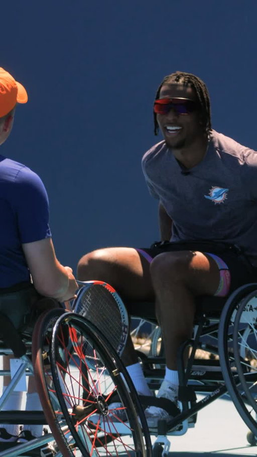 Putting his skills to the test 👀

@woah_ollie joins @charliejcoop & @caseyratzlaff_ for a wheelchair tennis lesson!

#MiamiOpen