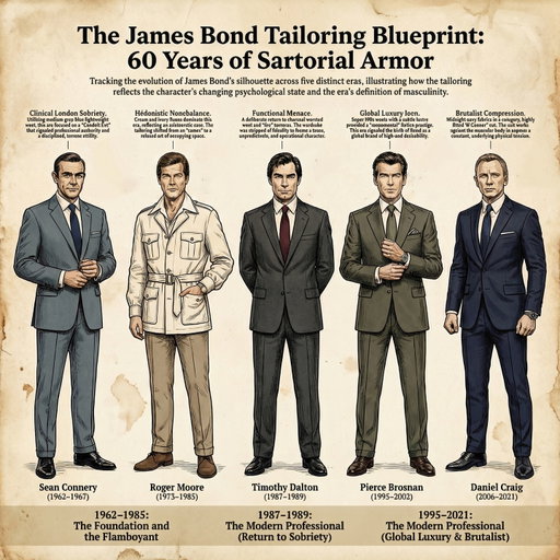 En 60 ans, le costume de James Bond n’a jamais été qu’un simple costume. C’est un sismographe de notre rapport collectif à la masculinité, au pouvoir et à l’élégance.
Du gris peigné austère de Sean Connery aux laines high-twist lustrées de Pierce Brosnan, en passant par la safari jacket hédoniste de Roger Moore et la compression brutale de Daniel Craig sous Tom Ford — chaque ère Bond raconte une époque, une philosophie du corps et une conception du tailoring radicalement différentes.

La règle d’or : un costume bien choisi ne vieillit pas — il traverse les époques en s’adaptant à celui qui le porte.
💬 Commentez TAILORING pour recevoir trois emails illustrés avec de précieux conseils pour comprendre et décrypter l’art du tailoring.

🇬🇧 ENGLISH
Over 60 years, James Bond’s suit has never been just a suit. It’s a seismograph of our collective relationship with masculinity, power, and elegance.
From Sean Connery’s austere worsted grey to Pierce Brosnan’s lustrous high-twist Italian wools, through Roger Moore’s hedonistic safari jacket and Daniel Craig’s brutal compression under Tom Ford — each Bond era tells the story of an era, a philosophy of the body, and a radically different approach to tailoring.

The golden rule: a well-chosen suit doesn’t age — it transcends eras by adapting to the man who wears it.
💬 Comment TAILORING for three illustrated emails with essential tips to understand and decode the art of tailoring.

#jamesbond #007 #seanconnery #rogemoore #timothydalton