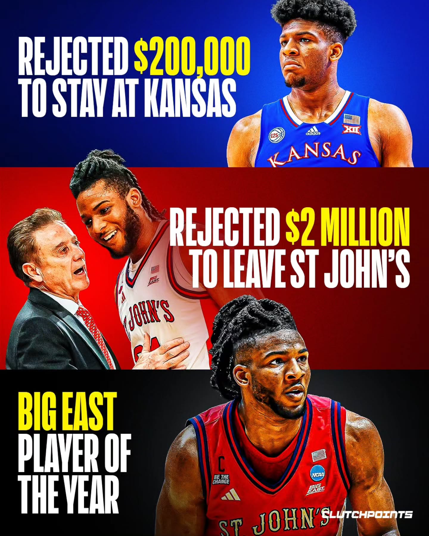 The Reds need to thank a former poker player for helping them get this far in the tourney.

Zuby Ejiofor was more than willing to take his time and develop with the Jayhawks.

But his adopted father and former poker player Andy Philachack wouldn't let him.

In Ejiofor's freshman season at Kansas, he barely saw the court.

👎1.2 PTS
👎1.7 REBS
👎5.2 MPG

Once news broke that the Jayhawks added big man Hunter Dickinson from the transfer portal, Philachack knew Ejiofor wouldn't get any playing time. 

Despite getting a $200,000 NIL offer to stay for his sophomore season, Philachack told Ejiofor to enter the transfer portal and bet on himself 

Ejiofor transferred to St. John's and it was the best decision he ever made. 

After being named the Big East Most Improved Player of the year his junior season, Ejiofor reportedly had NIL offers worth $2 million (per The Athletic).

But he chose to stay loyal to the school that believed in him.

In his senior season, he took over the Big East.

✔️ Big East All-Defensive team
✔️ Big East Tournament MVP 
✔️ Big East Defensive Player of the Year 
✔️ Big East Player of the Year 

Good things happen when loyalty meets hard work. 💪

#ncaa #marchmadness #stjohns