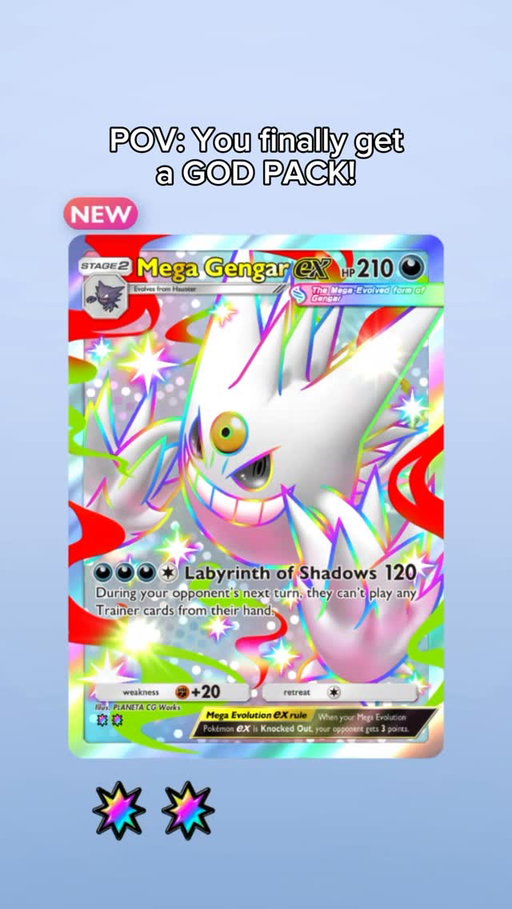 ✨I can’t believe I got a God Pack, WITH MY FAVOURITE POKÉMON IN IT TOO! 😭

I had a COMPLETELY different video ready to upload, and I figured I would open one more pack, and THIS was the pack! 😱 I was so excited for the new Mega Shine set in Pokémon TCG Pocket because of the Gengar and Mega Gengar cards, but I never expected to pull one like this! 🥹

A big thank you to The Pokémon Company International for gifting me 300 Gold to use towards opening 50 packs today! Have you opened any cards from this set yet?! If so, which card is your favourite?! 

#Free_Product #pokemon #pokemontcgpocket #megashine #gifted_by @pokemon
