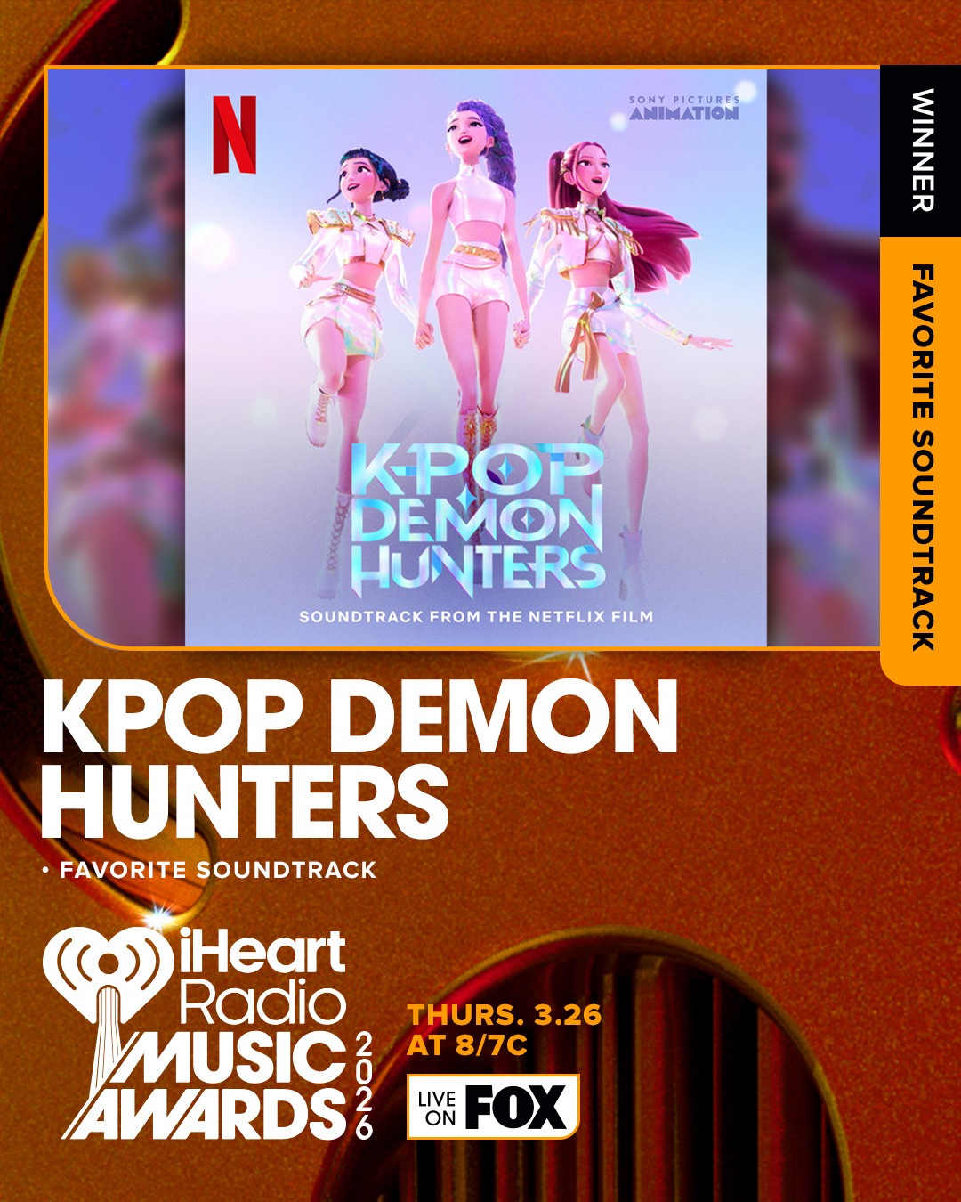 ✨ WE'RE GOING UP UP UP! Congratulations KPOP DEMON HUNTERS for winning Favorite Soundtrack! #iHeartAwards2026 ⁠
⁠
Watch the show LIVE on @FOXTV at 8/7c!
