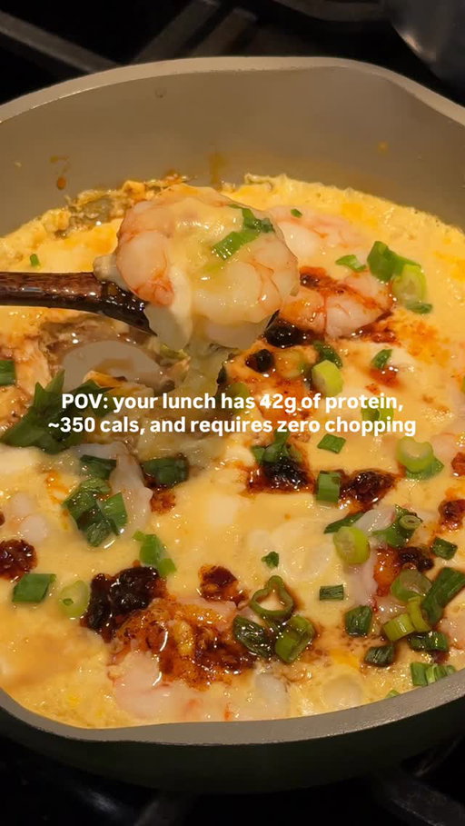 FOLLOW for more easy high protein Asian recipes!!

STEAMED TOFU SHRIMP & EGGS

349 cals | 42g protein | 5g carbs | 17g fat 

5.5oz extra soft tofu 
2 large eggs (from @vitalfarms)
80g bone broth (I’m using @kettleandfire chicken bone broth)
1 tsp fish sauce
4oz red Argentine shrimp
Green onion garnish 
1 tsp soy sauce (I used Maggi seasoning)
1 tsp chili crisp (I used @flybyjing )

Pan is @ourplace always pan mini

#highprotein #protein #easyrecipes #asianrecipes #macrofriendly