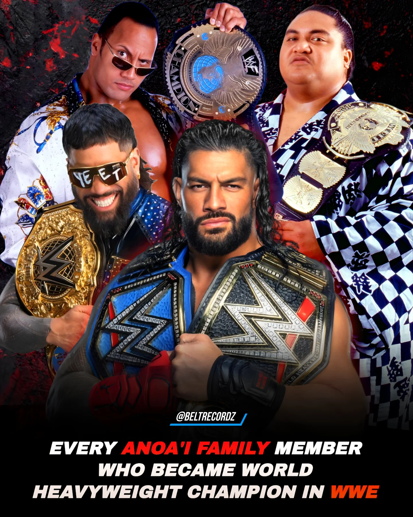 Every Bloodline member who held The WWE World Heavyweight Championship..

The 4 Anoa'i Family members who became World Heavyweight Champions in WWE☝️

1. Yokozuna (1st Samoan & technically Only Japanese WWE Champion😅)

2. The Rock (1st Black WWE Champion)

3. Roman Reigns☝️

4. Mainevent Jey Uso (YEET!)

#wwe #romanreigns #maineventjeyuso #wwechampion #beltrecordz 

@romanreigns @uceyjucey @therock 

WWE edit
