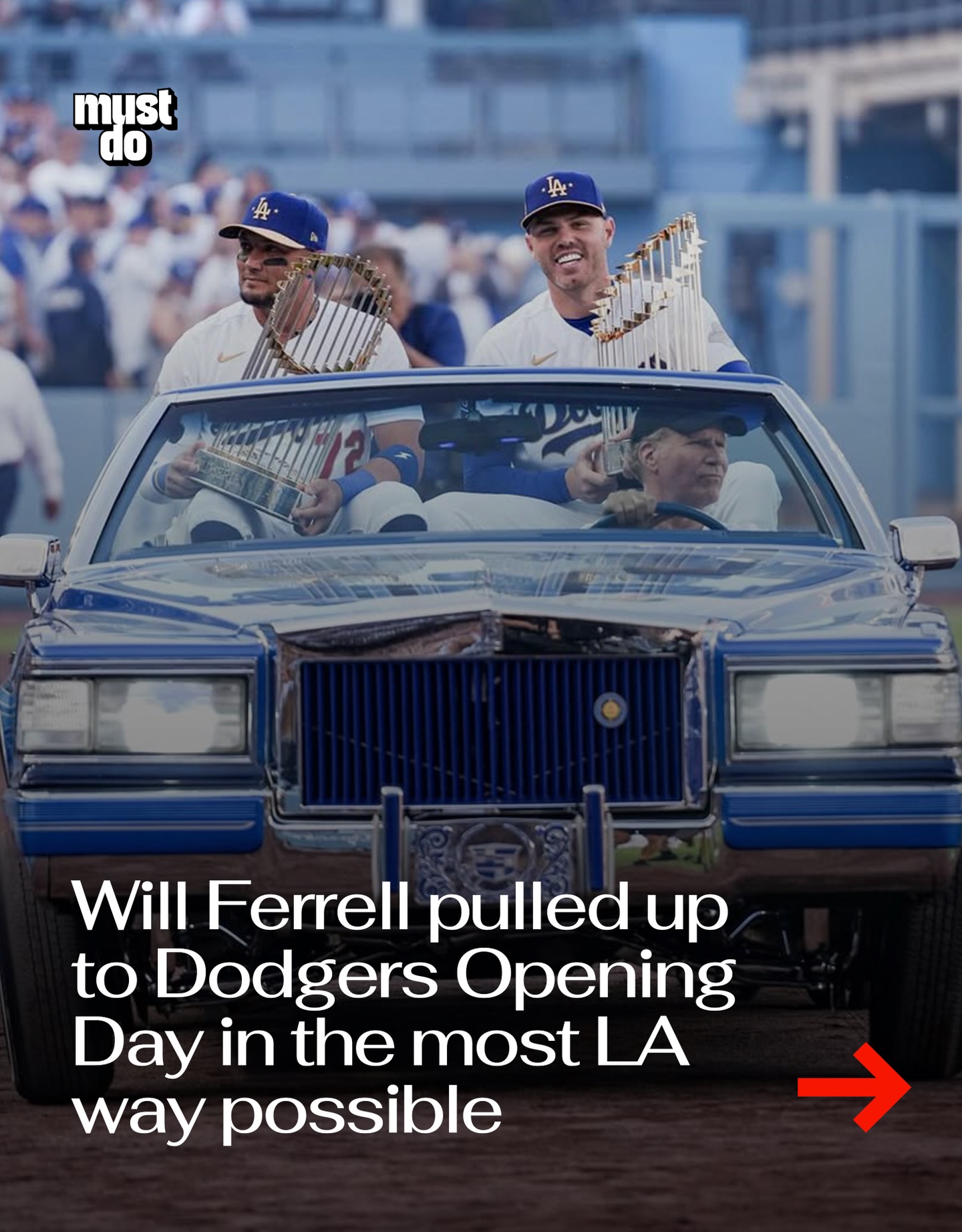 Only in LA.

Will Ferrell pulled up to Dodger Stadium on Opening Day and drove Freddie Freeman and Miguel Rojas onto the field… both holding Commissioner’s Trophies.

The Los Angeles Dodgers are celebrating back-to-back World Series wins, and kicked off the season with an 8-2 win against the Diamondbacks.

Ferrell’s been a longtime Dodgers fan, but this might be his best cameo yet.

By the way, we have a weekly newsletter with what’s worth knowing about and doing in Los Angeles. One newsletter. Once a week. Link in bio.

Media via @dodgers

#mustdolosangeles #ladodgers #willferrell