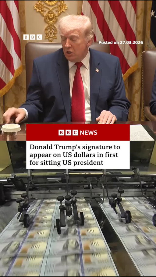 Donald Trump is set to become the first sitting US president to have his signature on US banknotes, the treasury department has announced.
 
Trump's signature will appear alongside Treasury Secretary Scott Bessent, an unprecedented move that the department said would mark America's 250th anniversary.
 
"There is no more powerful way to recognise the historic achievements of our great country and President Donald J Trump than US dollar bills bearing his name," Bessent said. US banknotes have traditionally carried the signatures of treasury officials.
 
Tap the link in @BBCNews's bio to find out when the first $100 bill with Trump's signature on will be printed.
 
#DonaldTrump #USDollars #BBCNews