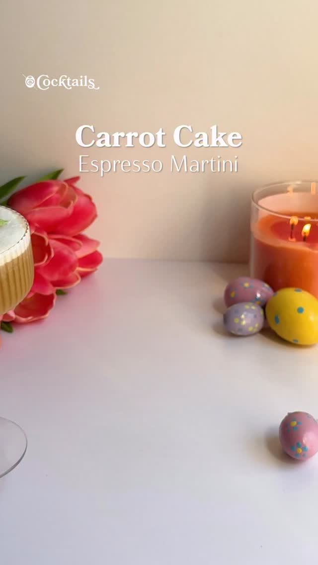 Carrot cake espresso martinis all spring long 🐰🥕

Ingredients:
- 1 double shot fresh brewed espresso
- 1/2 oz. carrot cake simple syrup
- 3/4 oz. coffee liqueur
- 1 & 1/2 oz. vodka
- cream cheese cold foam

Carrot Cake Simple Syrup Ingredients:
- 2 chopped carrots
- 1 cup brown sugar
- 1 cup water
- 1 tsp. cinnamon
- 1 tsp. pumpkin pie spice
- 1/4 cup walnuts

Steps:
1. Combine all of the carrot cake simple syrup ingredients to a pan then bring to a boil.
2. Gradually stir, then place a lid on top and let boil for 3 minutes.
3. Remove lid then take pan off heat.
4. While syrup is thin and warm, strain into a pot/heat safe bowl to remove carrots and walnuts.
5. Let syrup cool, should begin to thicken.
6. Once completely cool, store in a container and keep in the fridge.
7. Enjoy!
Cream Cheese Cold Foam:
* 1/2 tbs. cream cheese
* 1 tbs. sugar
* 2 oz. heavy cream
Chocolate Carrots Garnish
1. Melt white chocolate and divide into two. Add green food coloring into one bowl of the melted white chocolate, and orange into the other.
2. Fill two pipping bags, one with each color, and pipe carrot shape onto wax paper.
3. Allow the chocolate to cool & harden then you’re ready to go!

#easter #carrotcake #espressomartini #spring #cocktails