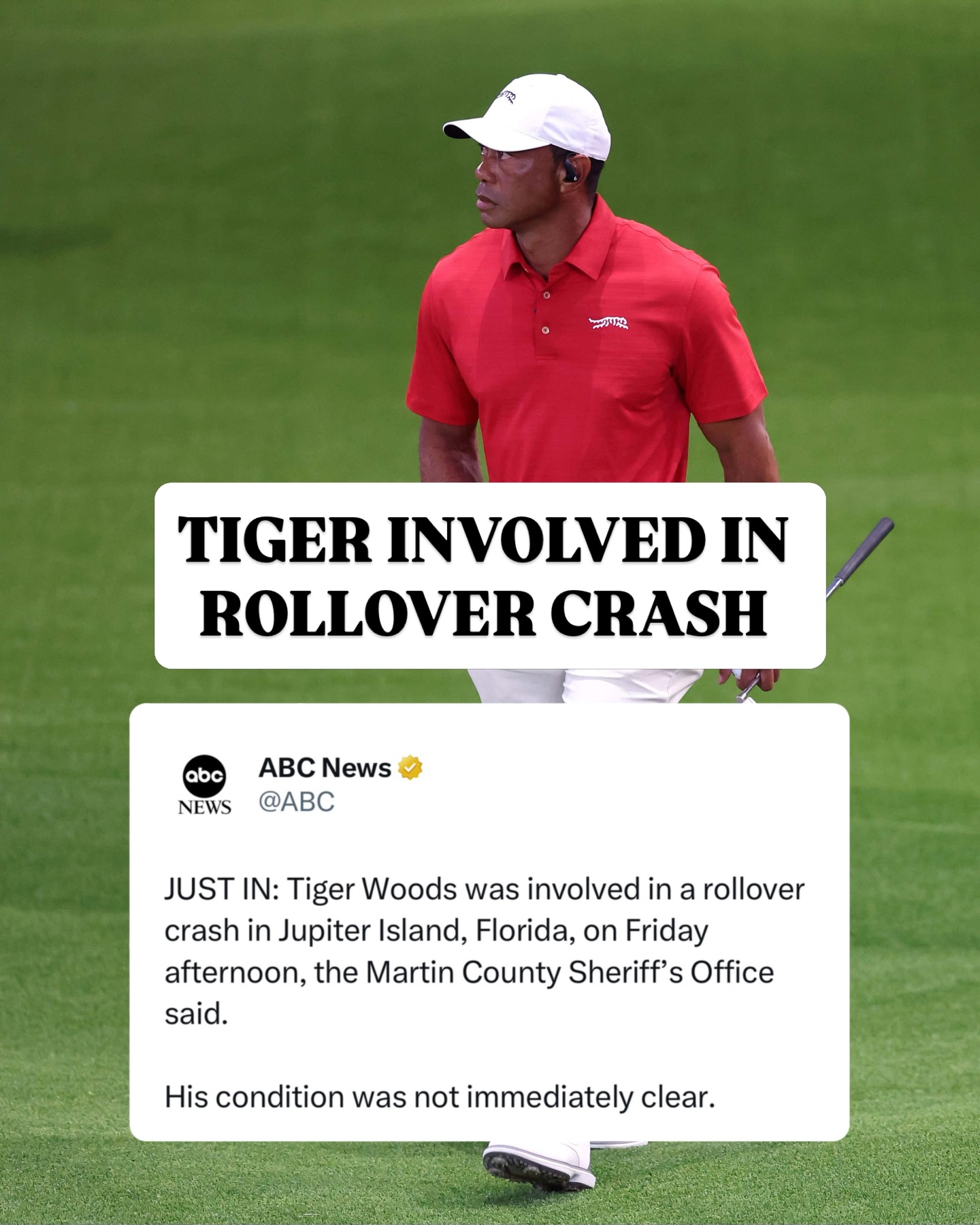BREAKING: Tiger Woods was involved in a rollover car accident in Jupiter, Florida according to reports from @abcnews & @wpeccbs12 Palm Beach.

The Martin County Sheriff’s Office is actively investigating. According to CBS12, a source at Martin County Fire Rescue said there were no injuries.

No further details have been released at this time.