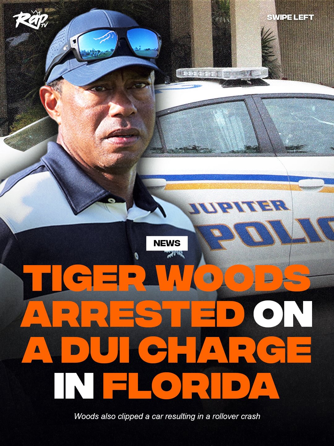 Tiger Woods was arrested for DUI after a rollover crash near his home in Jupiter Island, Florida.

Authorities say his SUV overturned after clipping a trailer while attempting to pass a vehicle. Deputies said Woods appeared impaired, but a breathalyzer showed no alcohol, leading investigators to suspect drugs or medication. Woods refused a urine test and was charged with DUI and refusal to submit to a lawful test.

Neither Woods nor the other driver were harmed in the crash.