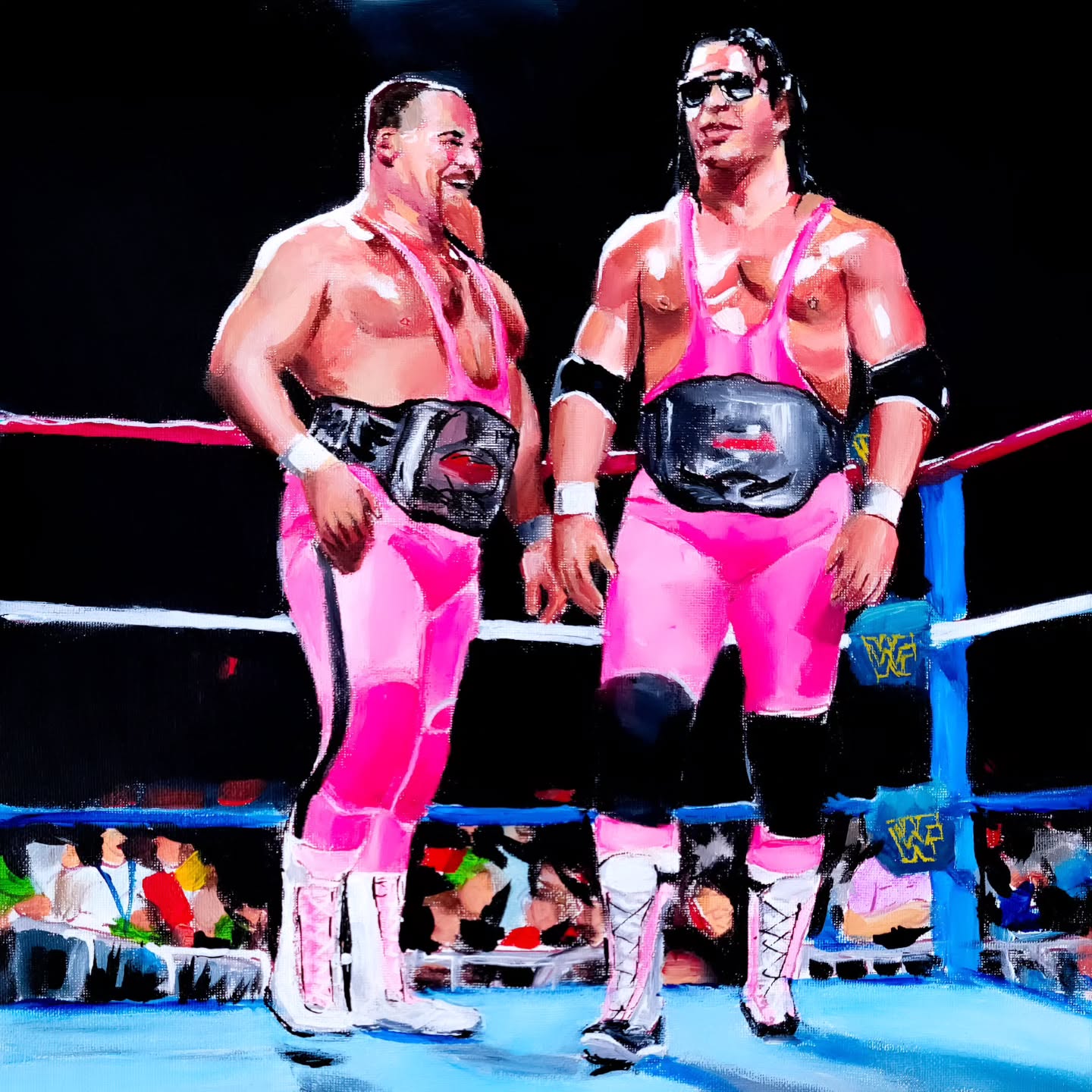 Closing out the quarter with one of the greatest tag teams oat. THE HART FOUNDATION. 

The technician and the tank. Rest in paint Anvil 🕊🕊

Acrylic on canvas

Album art for some upcoming @dio_gin music. Tap in.

#wwe #wrestlingart #hart #jimtheanvilneidhart #brethart