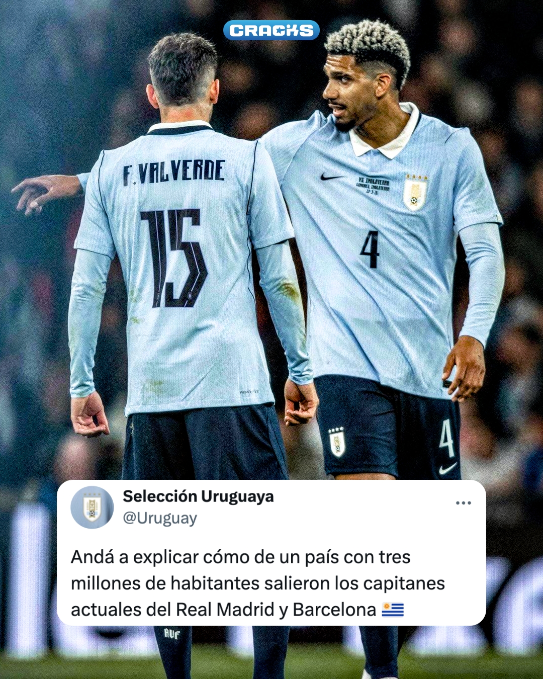 HISTORIA. ORGULLO CHARRÚA. 🇺🇾

La Selección Uruguayo sacó pecho con sus cracks.

Los capitanes del Real Madrid y Barcelona. 👏