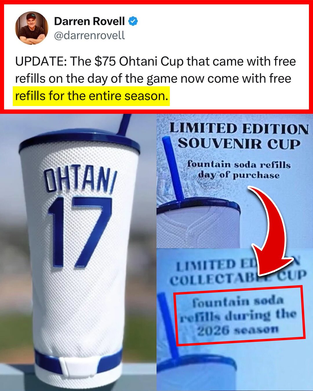 Would you buy the $75 Shohei Ohtani souvenir cup now that it comes with unlimited refills for the season? 🤔

(via @darrenrovell, h/t loanshark_bliss/X, castrovince/X)
