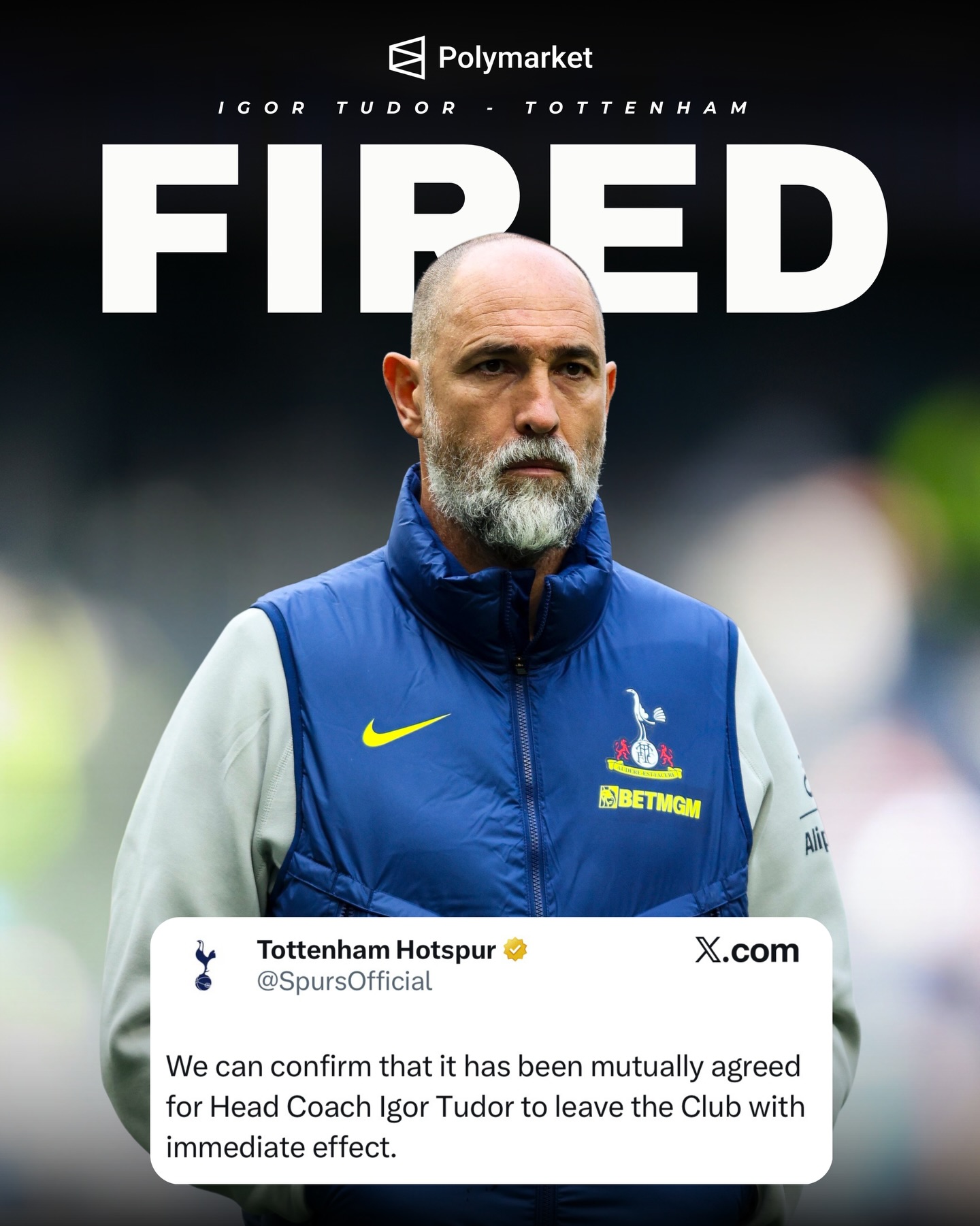 🚨💣 𝐁𝐑𝐄𝐀𝐊𝐈𝐍𝐆: IGOR Igor Tudor SACKED by Tottenham after nightmare SIX-WEEK spell as caretaker manager ❌👋

❌ 1-4 vs Arsenal 
❌ 2-1 vs Fulham 
❌ 1-3 vs Crystal Palace
❌ 5-2 vs Atletico Madrid
➖ 1-1 vs Liverpool 
✅ 3-2 vs Atletico Madrid 
❌ 0-3 vs Nottingham Forest

What a weird spell that was…