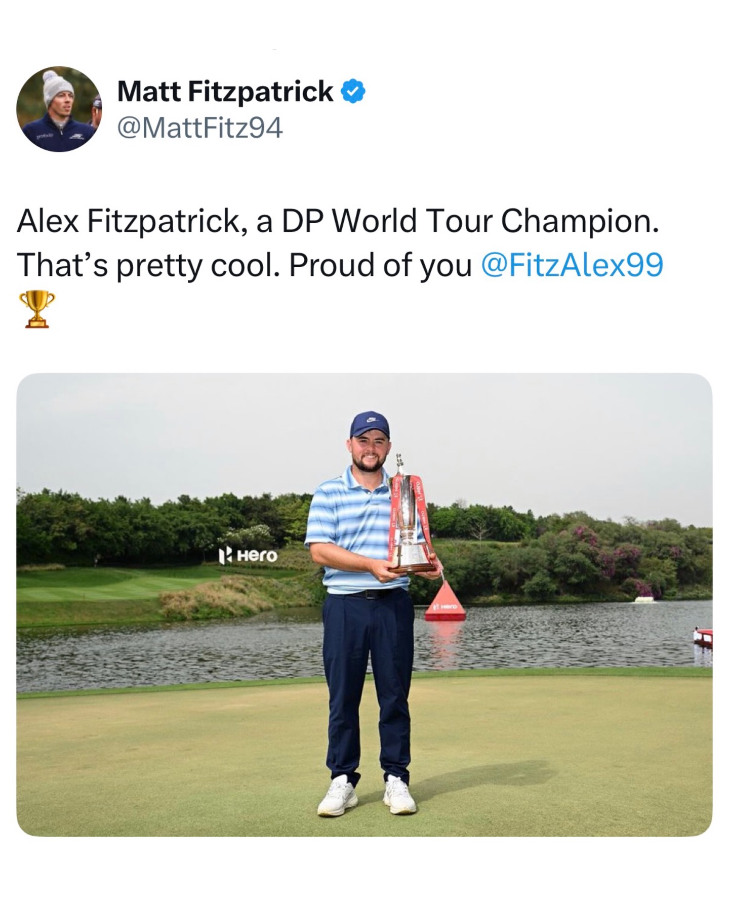 Matty Fitz showing love to his brother Alex after his first DP World Tour win, with the same tweet Alex posted after his U.S. Open win.

So awesome.
