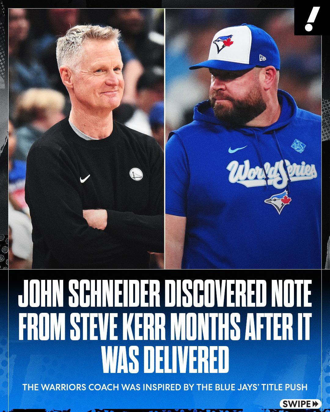 A letter from Steve Kerr praising John Schneider after Toronto's World Series loss sat on the Blue Jays manager's desk all winter until he came back to start the MLB season last week 🤯

(via @theathletichq)