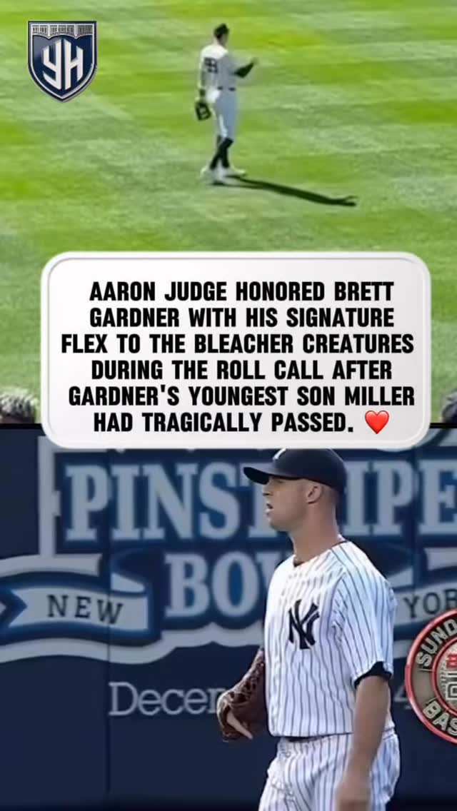 One year ago, Aaron Judge paid tribute to Brett Gardner with his iconic flex for the bleacher creatures in honor of Gardy's son Miller after his unexpected passing ❤️