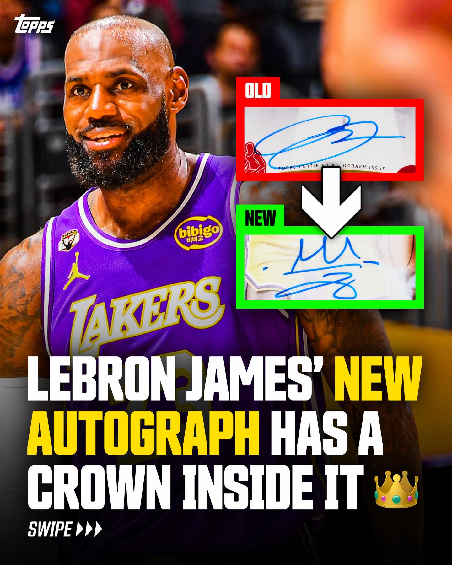 EXCLUSIVE: LeBron James has officially changed his autograph 👑👀

After more than two decades, LeBron is adding his signature crown to his signature. These new @kingjames autos debut in our upcoming licensed NBA trading cards ✍️ Arriving soon…