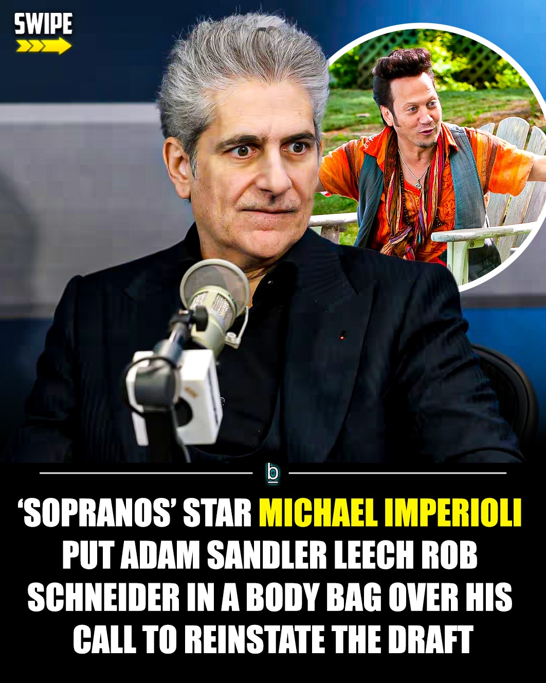 Rob Schneider, who has never served in the military and is now too old to do so, took to social media on Friday to call for the United States to “restore the military draft for our nation’s young people” amid the ongoing war with Iran that was started by President Trump and Israel. 🤔

🗣️ - “We must once again recommit ourselves to one Nation under God, indivisible. Therefore, we must restore the military draft for our Nation’s young people,” Schneider said. “Each and every American, at eighteen years of age, must serve two years of military service.”

While Schneider’s take was swiftly and widely lambasted on social media, perhaps the most cutting response came from Michael Imperioli, who suggested Iran would surrender if they had to listen to Schneider’s “comedy.” 😂

🗣️ - “I’ve got a better idea. Let’s just send Rob to Iran to perform his comedy. They will surrender immediately and unconditionally,” the fame Christopher Moltisanti actor shared on Instagram.

Imperioli’s shot at Schneider is reminiscent of when the late, great Norm Macdonald absolutely cooked him while appearing on Conan.

The conflict between the U.S. and Iran began at the end of February, with military strikes coordinated by the Trump administration and Israel targeting Iranian military infrastructure, nuclear facilities, and leadership. 

Despite recent suggestions, however, the Trump administration says they have no plans to reinstate a military draft at this time. ❌

Given the admin’s penchant for deception, though, the anxiety about the return of the draft continues to permeate.

Follow 👉 @brobible for all things “dude” 😎 

#guys #dudes #men #bros