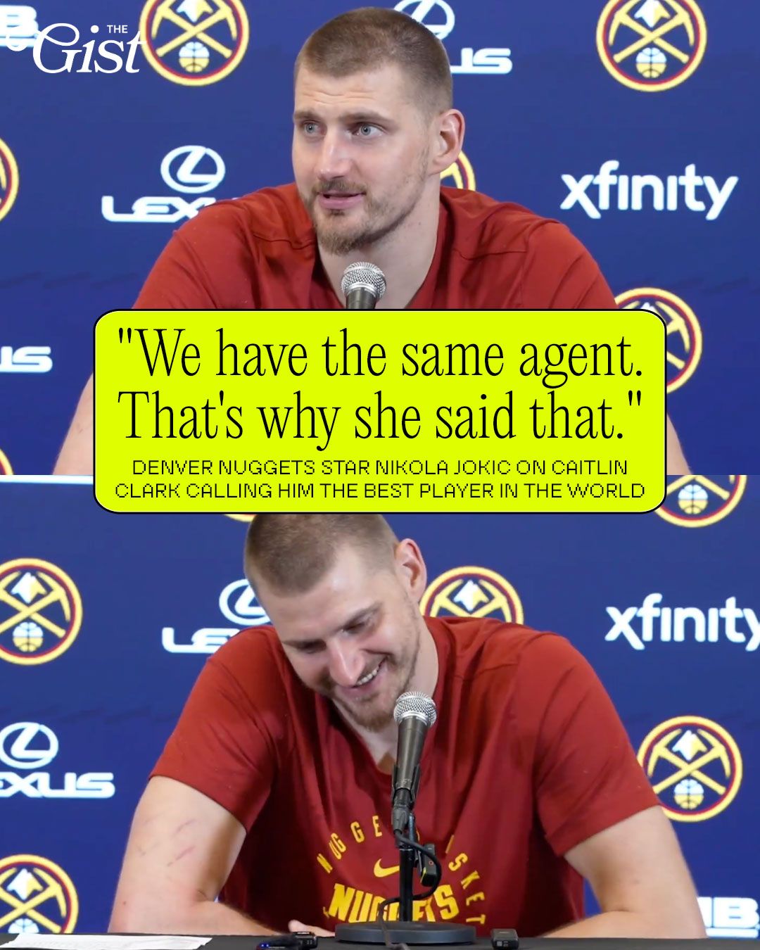 Our humble, nonchalant king. 😭👑⁣
⁣
Indiana Fever star Caitlin Clark called Nikola Jokic the best basketball player in the world, citing him as her favorite player to watch. And of course, Jokic responded in the most Jokic way possible. 🏀⁣
⁣
#menssports #basketball #nba #nikolajokic
