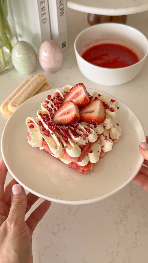 a perfect dessert for your Easter table 🍓

ingredients:
ladyfingers — 6 pcs
strawberries — 1 cup (chopped)
sugar — 1–2 tbsp
heavy cream — 2/3 cup
cream cheese — 5 oz
powdered sugar — 2–3 tbsp
fresh strawberries and freeze-dried berries for topping

Blend strawberries with sugar until smooth — this will be your soaking mixture.

Whip cold heavy cream with powdered sugar until soft peaks form, then gently mix in cream cheese until smooth and creamy.

Dip ladyfingers lightly into the strawberry puree, layer, add cream, and repeat. Finish with berries on top.

#aestheticblog #cozyhome #foodaesthetic #beautifulfood #homediaries