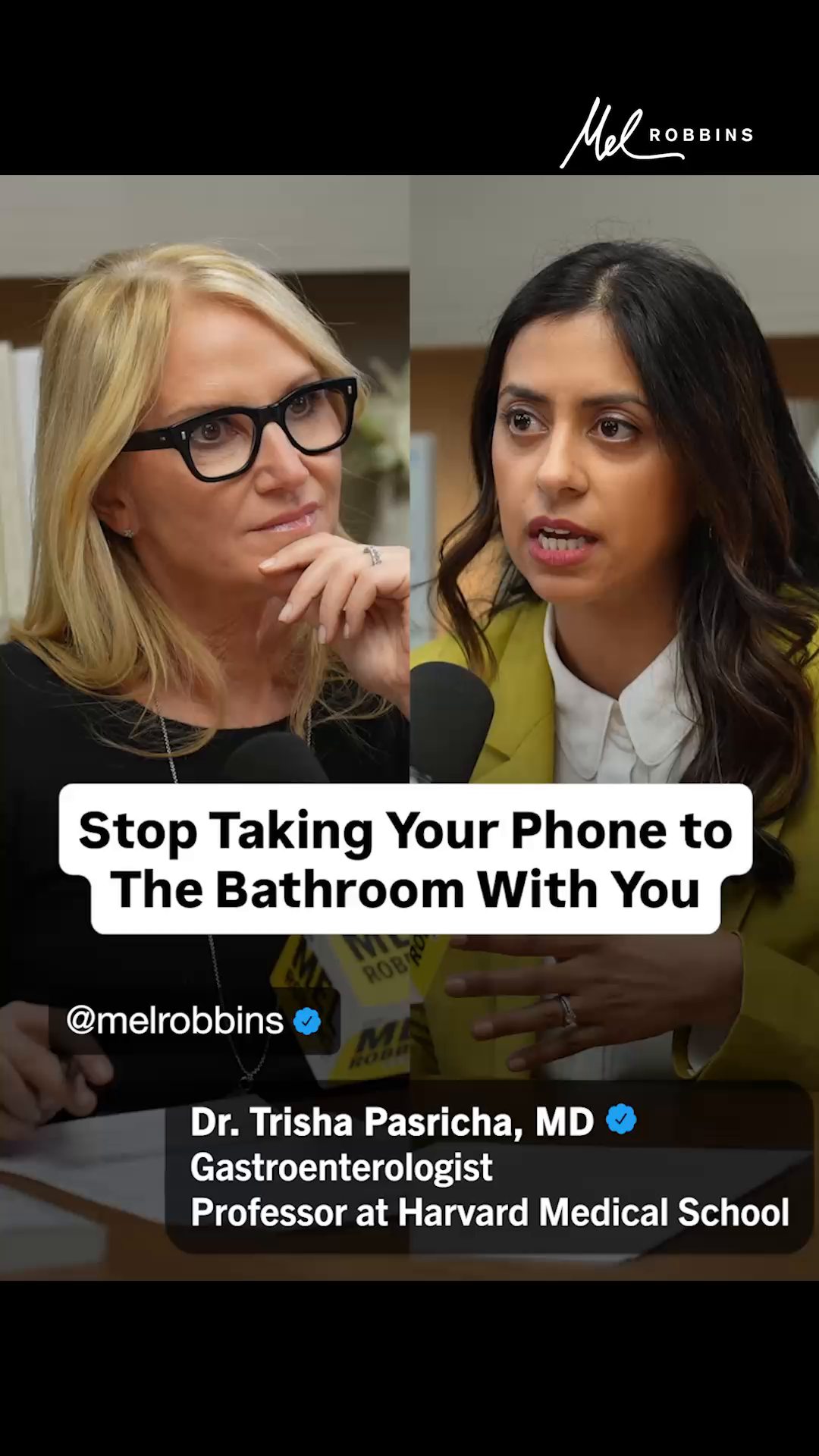 If you’re reading this from the toilet…stop bringing your phone into the bathroom!

Comment “Gut” and I’ll DM you the link to the full episode.

I can’t believe this is real…

Dr. Trisha Pasricha, a Harvard Medical School physician-scientist and gastroenterologist, found that people who take their smartphones into the bathroom are 5x more likely to sit longer than 5 minutes.

And they had a 46% increased risk of hemorrhoids.

Why? When you sit on the toilet, there’s no pelvic floor support (which increases your risk of hemorrhoids).

The longer you scroll, the longer you sit. And that pressure builds over time.

Here’s the rule: If it doesn’t happen in 5 minutes – get up, walk around, and try again later.

This episode of @themelrobbinspodcast with @trishapasrichamd is the ultimate no shame conversation that will help you finally understand how to listen to your gut.

Dr. Pasricha will change the way you think about digestion, gut health, and yes, even poop.

🎧 “The Gut Health Episode: Harvard Doctor Reveals What’s Normal (and What’s Not)”

Tune in on Spotify, Apple Podcasts, or YouTube — search “The Mel Robbins Podcast Gut Health”