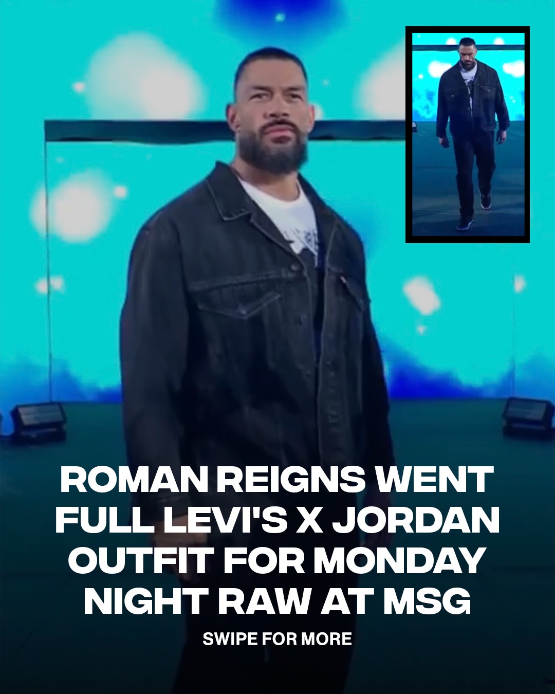The OTC Roman Reigns came in a full Levi’s x Jordan outfit during tonight’s episode of Monday Night Raw at MSG 🏟️ 

Would you rock the full Levi’s x Jordan outfit with the Levi’s AJ3s? 

📷: GEnErationall (Twitter)