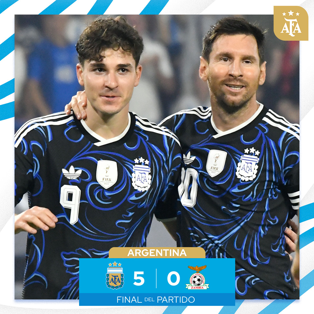 #SelecciónMayor
🗓 #AmistosoInternacional 

⚽ #Argentina 🇦🇷 5 - Zambia 🇿🇲 0

🗣 ¡GANÓÓÓÓÓ LA SCALONETA EN SU PARTIDO DESPEDIDA DEL PAÍS!

✍ Julián Álvarez, Lionel Messi, Nicolás Otamendi, Dominic Chanda (e/c) y Valentín Barco, autores de los festejos nacionales
✍ Gran noche para disfrutar de otro show del equipo conducido por Lionel Scaloni. 

🙌 ¡Gracias, muchachos! Ahora vamos por todo 😎❤️‍🔥

#TodosJuntos 🙌