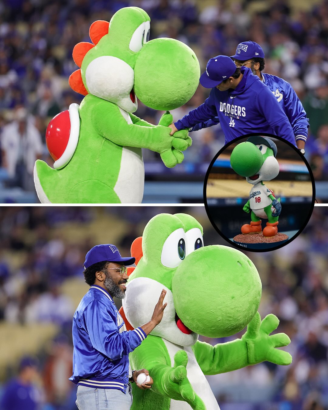 Actor Donald Glover threw the first pitch at the Dodgers game to Yoshinobu Yamamoto on “Yoshi” bobblehead night ⚾

Glover voices “Yoshi” in “The Super Mario Galaxy Movie” 🍿