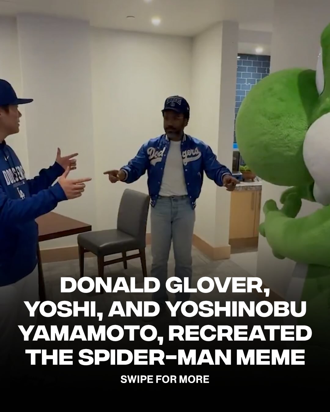 Crazy Yoshi link-up 😂🤝

Donald Glover, who voices Yoshi in the new Super Mario Galaxy movie, Yoshi, and Yoshinobu Yamamoto (aka Yoshi) recreated the iconic Spider-Man meme at the Dodgers game.