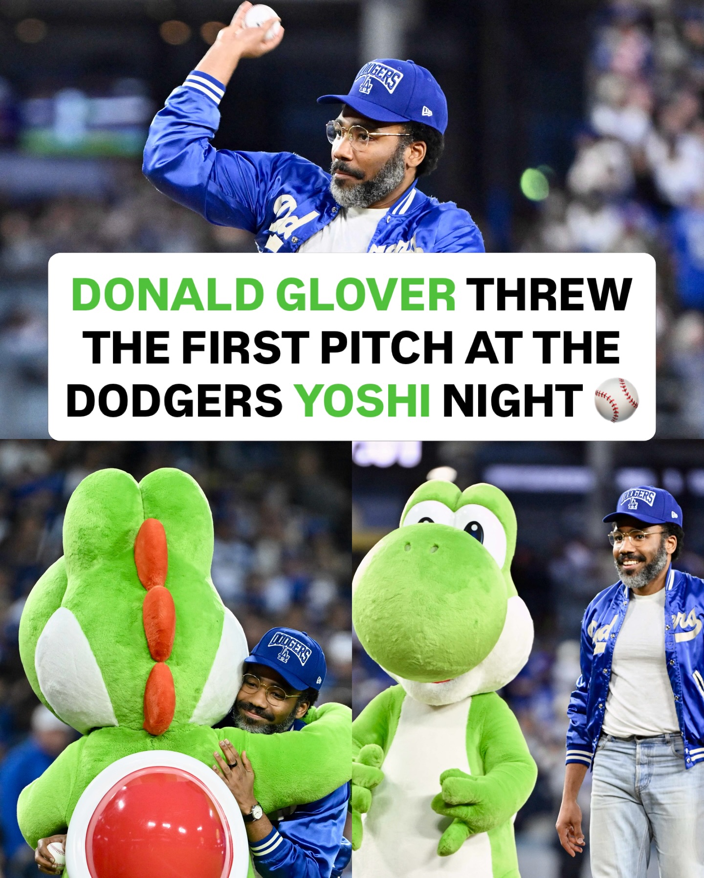 Donald Glover, the voice of Yoshi in the Super Mario Galaxy Movie, threw the first pitch at the Dodgers game tonight‼️⚾️

The Dodgers also gave out free Yoshi bobbleheads to celebrate the new movie. Are y’all hyped for the Super Mario Galaxy movie⁉️🍿